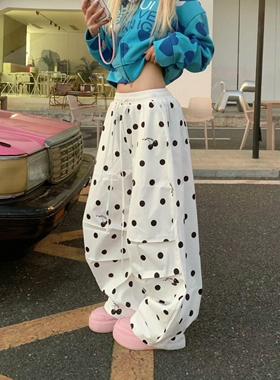 美式波点满印抽绳褶皱休闲裤女夏季速干伞兵工装裤慵懒宽松阔腿裤