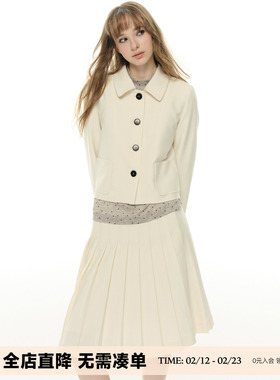 UNRETRO高级老钱短款西装外套女休闲气质西服+百褶半身裙两件套装