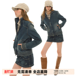 拉链开衫 UNRETRO 压褶牛仔外套女辣妹风短款 复古立领修身 外套 美式