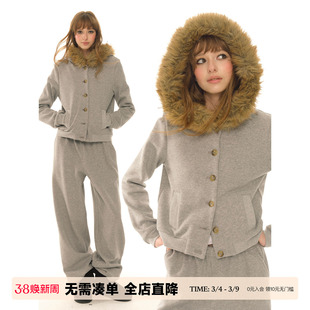 UNRETRO 复古连帽毛领加绒短款卫衣女秋冬新款灰色修身外套上衣