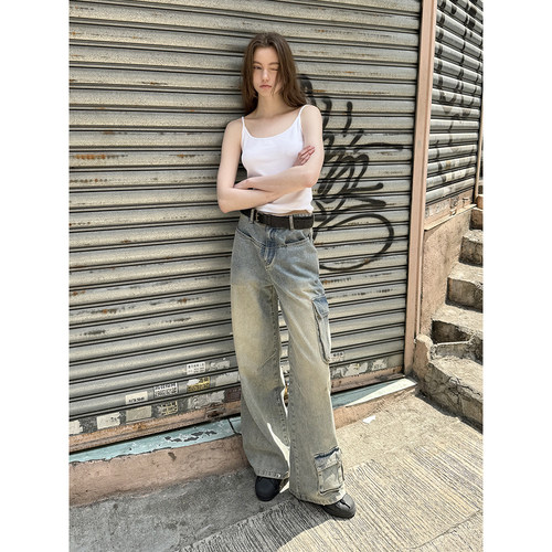 UNRETRO复古水洗黄工装牛仔裤