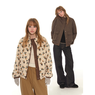 UNRETRO 复古印花保暖棉服夹克上衣 正反两穿立领羊羔毛外套女冬季