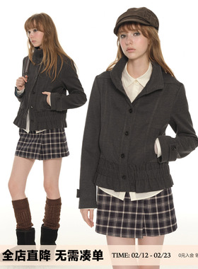 UNRETRO 复古立领正肩修身收腰毛呢大衣女春秋新款短款小西装外套