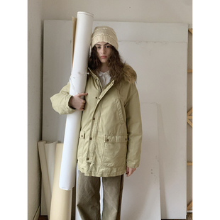 外套 可拆卸毛领派克服女秋冬小个子加厚连帽棉服工装 UNRETRO 冬季