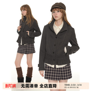 小西装 UNRETRO 短款 收腰毛呢大衣女春秋新款 外套 复古立领正肩修身