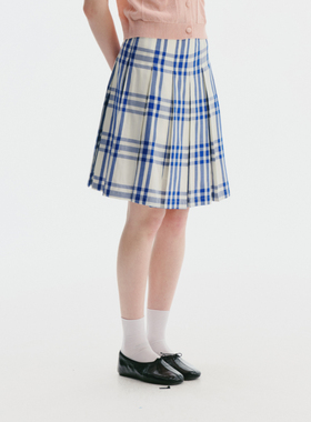 UNRETRO 复古学院风蓝色中腰格纹百褶裙女夏季纯棉宽松A字半身裙