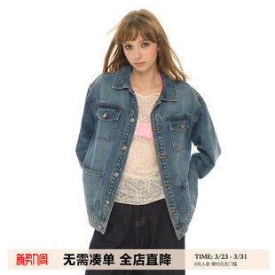 UNRETRO 夹克上衣 复古宽松做旧感牛仔外套女春秋小个子翻领开衫