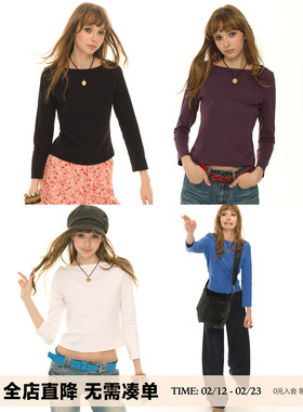 UNRETRO 260G精梳棉船领九分袖T恤女纯色修身内搭蓝色短款打底衫