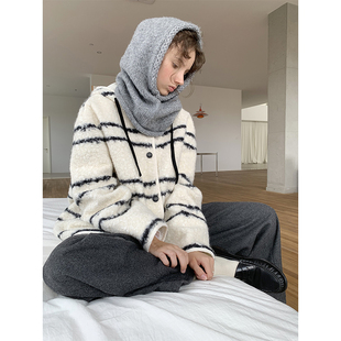 UNRETRO 上衣 秋冬复古小个子条纹连帽圈圈呢羊羔毛外套女中长款
