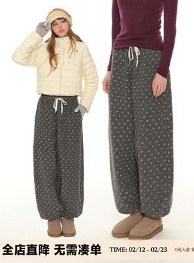 UNRETRO 复古波点羊羔绒束脚裤女冬季新款小个子加厚保暖休闲卫裤