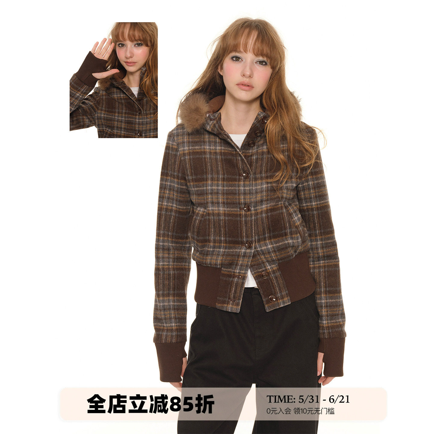 UNRETRO 美式复古短款格子棉服女春秋摇粒绒加厚保暖紧身棉衣外套