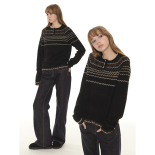 UNRETRO 女秋冬内搭费尔岛毛衣外套 羊毛混纺复古黑色亨利领针织衫