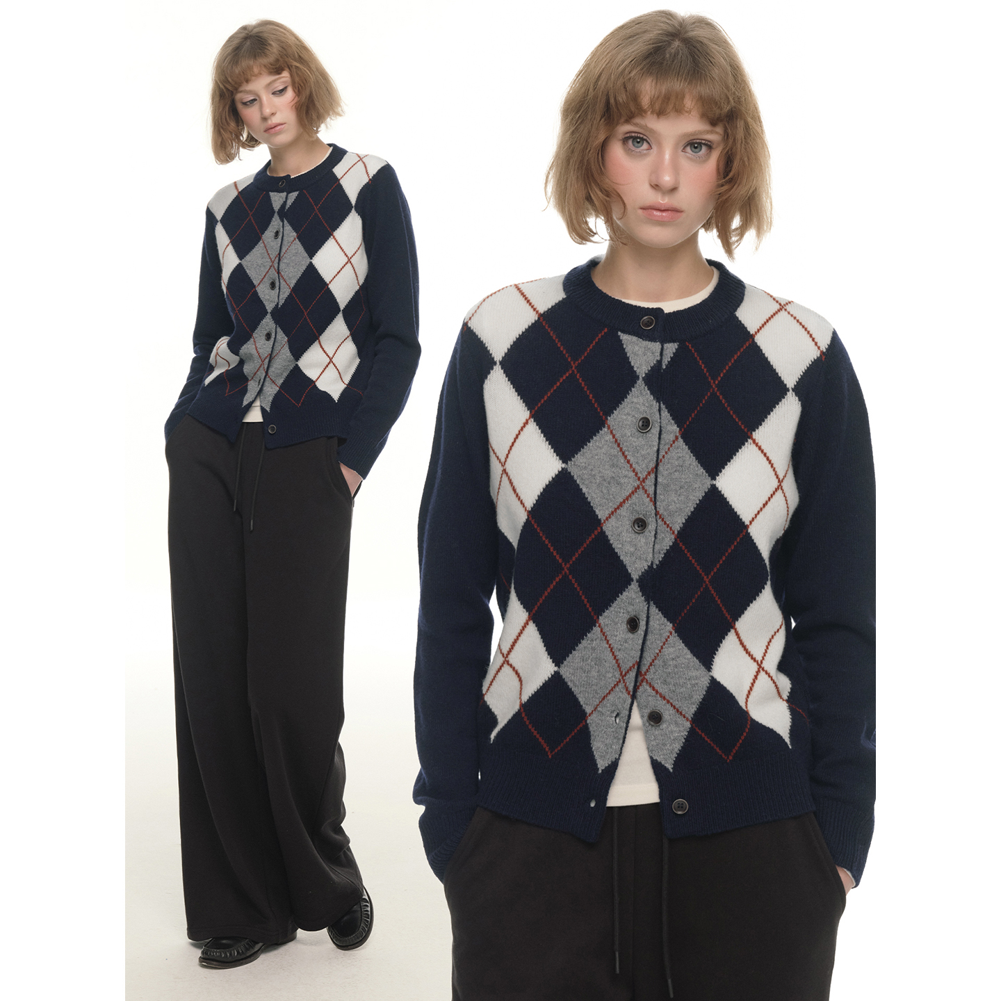 UNRETRO美式复古菱格针织开衫女