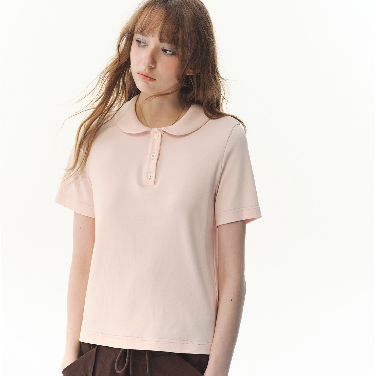 UNRETRO 甜酷少女娃娃领粉色短袖T恤女夏季复古纯色叠穿短款上衣