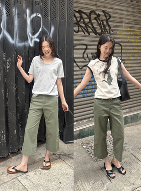 UNRETRO 复古水洗军绿色七分休闲工装裤女春小个子直筒显瘦微喇裤
