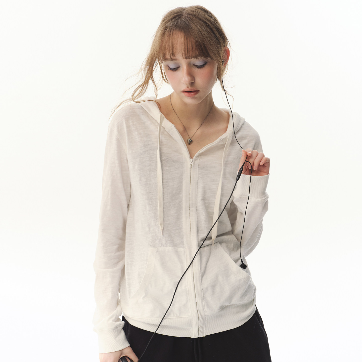 UNRETRO 竹节棉肌理感轻薄透气连帽外套女夏宽松抽绳休闲空调罩衫