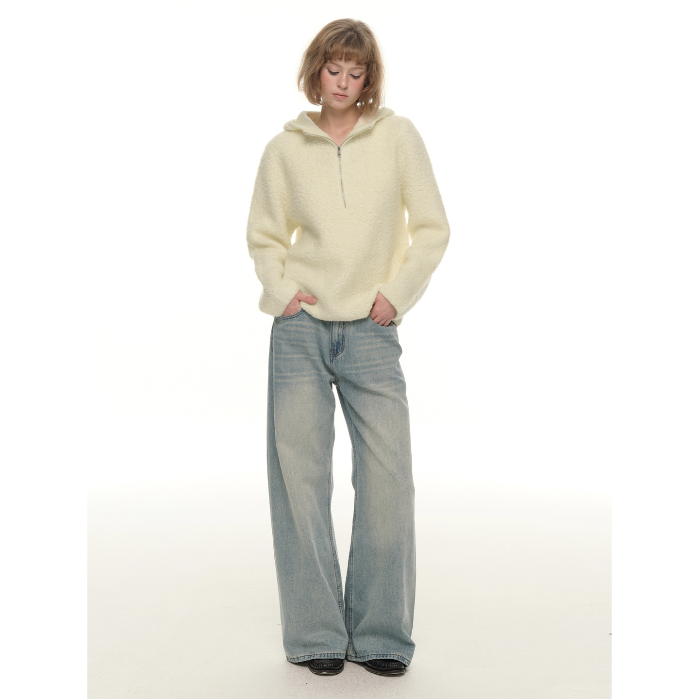 UNRETRO羊毛半开领连帽毛毛外套