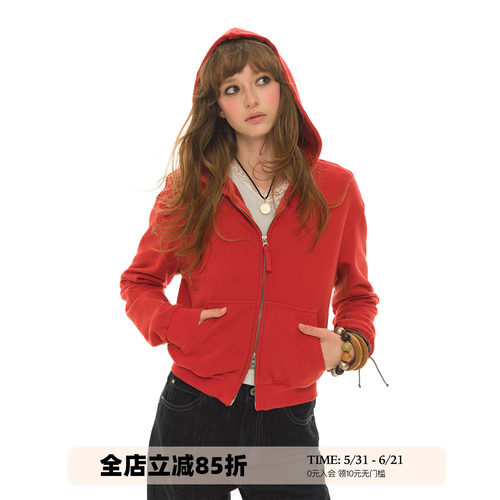 UNRETRO新年红色短款卫衣外套女