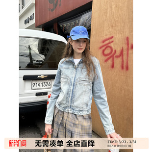 UNRETRO 甜酷做旧牛仔外套女春秋复古小个子夹克浅色修身长袖上衣
