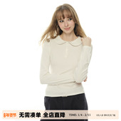 早春新款 UNRETRO天丝白色基础娃娃领针织打底衫 女长袖 百搭叠穿T恤
