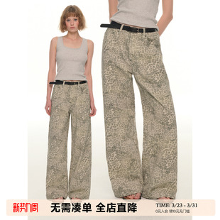 百搭直筒休闲裤 UNRETRO 女冬季 复古水洗豹纹印花弯刀牛仔裤 美式