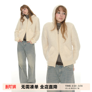 毛衣百搭保暖毛绒绒上衣 外套女秋冬长袖 UNRETRO 软糯白色针织开衫