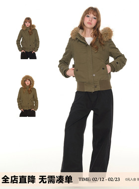 UNRETRO 美式复古毛领棉服外套女冬季新款短款修身棉衣工装上衣