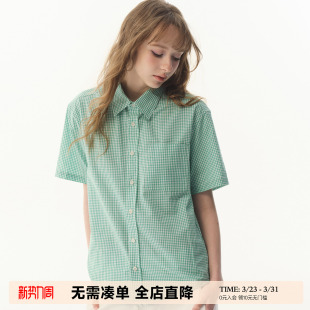 女小个子百搭纯棉显瘦衬衣 衬衫 UNRETRO 夏日清新薄荷绿小格纹短袖