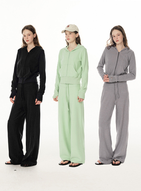 UNRETRO 首发时尚套装 绿色运动拉链卫衣女+抽绳直筒休闲裤两件套