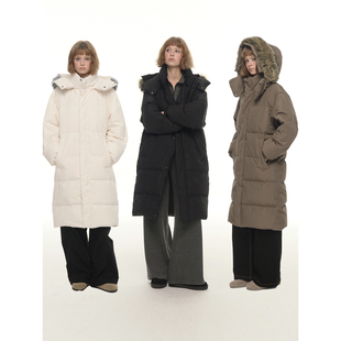 90白鸭绒加厚保暖上衣外套 过膝毛领连帽羽绒服女冬季 UNRETRO 长款