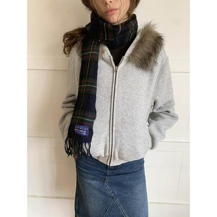 UNRETRO 冬季复古大毛领加绒加厚连帽卫衣女小个子短款开衫外套