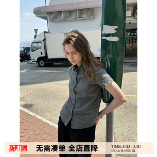 美式 衬衫 复古水洗做旧小个子甜辣少女短款 正肩短袖 女 修身 UNRETRO