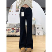 胖妹妹mm高腰显瘦梨型身材马蹄长裤 新款 女春季 黑色直筒微喇牛仔裤