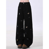 胖mm小狗刺绣高腰直筒裤 大码 新款 女春秋季 子 设计感黑色阔腿牛仔裤