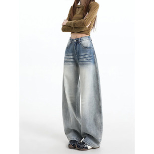 美式复古弯刀阔腿牛仔裤女2026春季新款高腰宽松显瘦垂感拖地裤子
