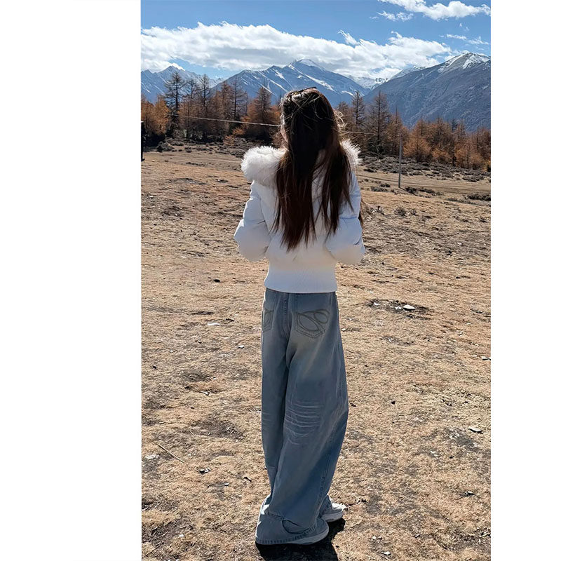 浅蓝色美式阔腿牛仔裤女2025秋冬新款刺绣直筒高腰宽松拖地弯刀裤