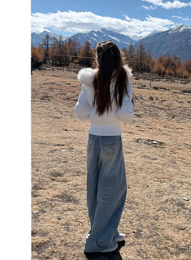 浅蓝色美式阔腿牛仔裤女2025秋冬新款刺绣直筒高腰宽松拖地弯刀裤