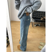 显瘦胖mm梨型身材高腰直筒裤 复古蓝阔腿牛仔裤 宽松大码 新款 女春季