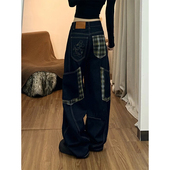 复古水洗弯刀牛仔裤 ins美式 阔腿裤 hiphop潮牌高街格纹大口袋工装