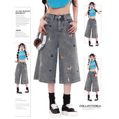 高腰显瘦直筒短裤 美式 2026新款 女夏季 子 怀旧蓝小狗刺绣牛仔七分裤