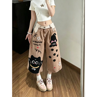 卡通猫咪毛巾刺绣牛仔七分裤裤子女款2026夏季新款宽松阔腿短裤潮