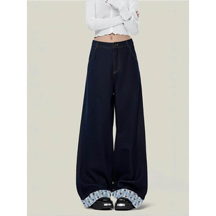 蝴蝶结格子拼接a版阔腿牛仔裤女深蓝色高腰宽松显瘦垂感拖地裤潮