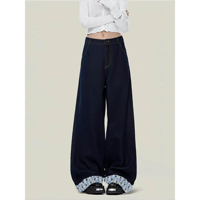 蝴蝶结格子拼接a版阔腿牛仔裤女深蓝色高腰宽松显瘦垂感拖地裤潮