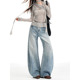 2026年重工水洗宽松百搭弯刀拖地裤 女春季 子 复古蓝阔腿牛仔裤 美式