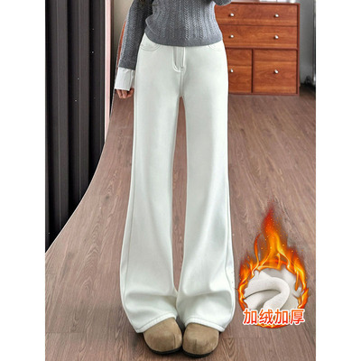 美式白色加绒微喇牛仔裤女秋冬2025新款高腰小个子修身喇叭马蹄裤