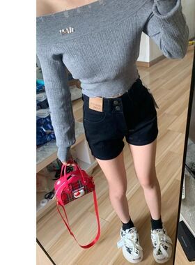 美式黑色牛仔短裤女夏季大码高腰辣妹弹力显瘦阔腿a字热裤小个子