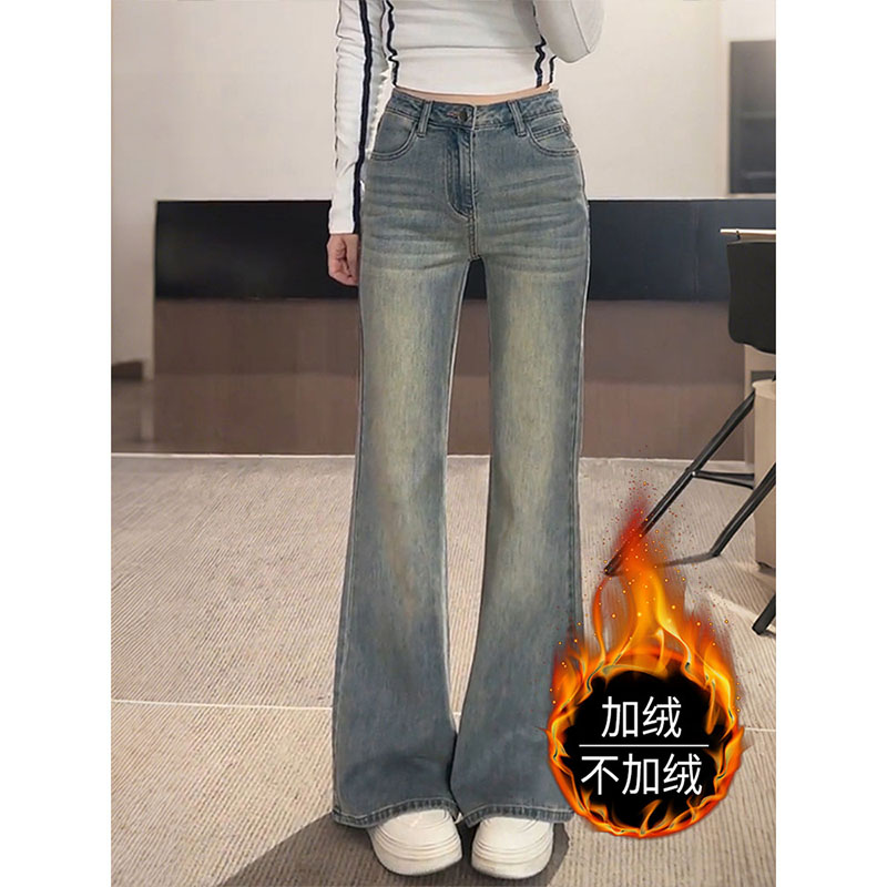 复古加绒加厚不贴腿微喇牛仔裤女秋冬高腰大码胖mm宽松显瘦喇叭裤