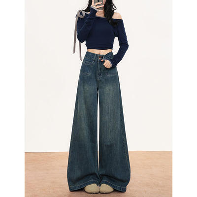 美式复古高腰阔腿牛仔裤女2025秋冬新款宽松显瘦设计感直筒拖地裤