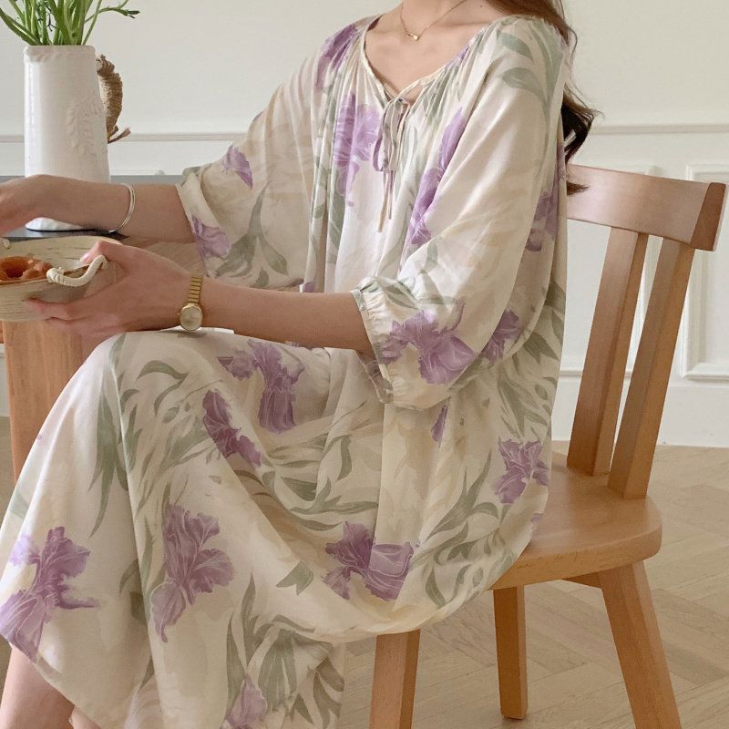 棉绸中袖连衣裙可外穿女士夏天薄款宽松法式花朵家居服睡衣可外穿
