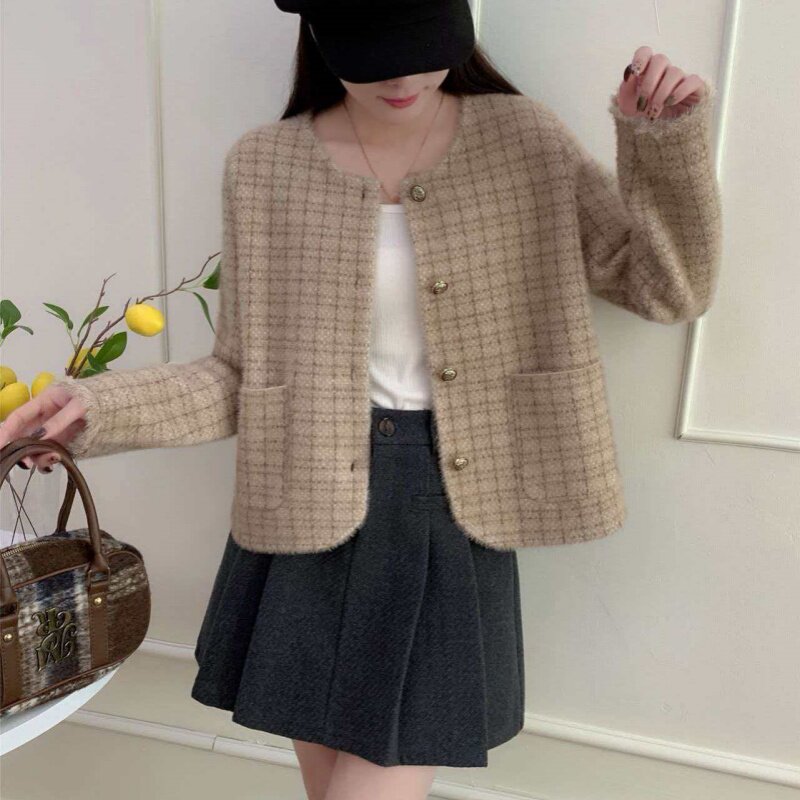 法式小香风仿水貂绒针织开衫女秋冬季高级感气质温柔软糯毛短外套